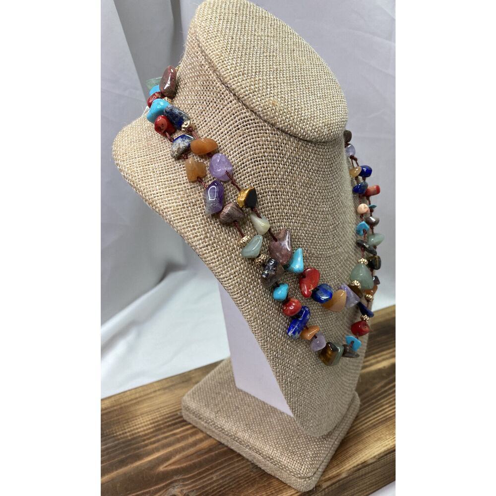 Vintage Semi Precious Stone Rope Knot Necklace Amethyst Tigers Eye Signed V - Picture 2 of 8